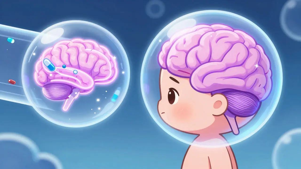 Chibi illustration of drug molecules crossing the blood-brain barrier