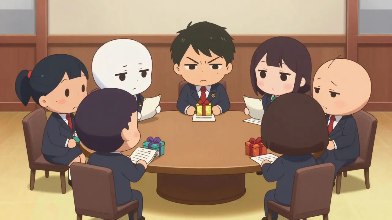 Chibi lobbyists attempting to persuade a small committee of judges.