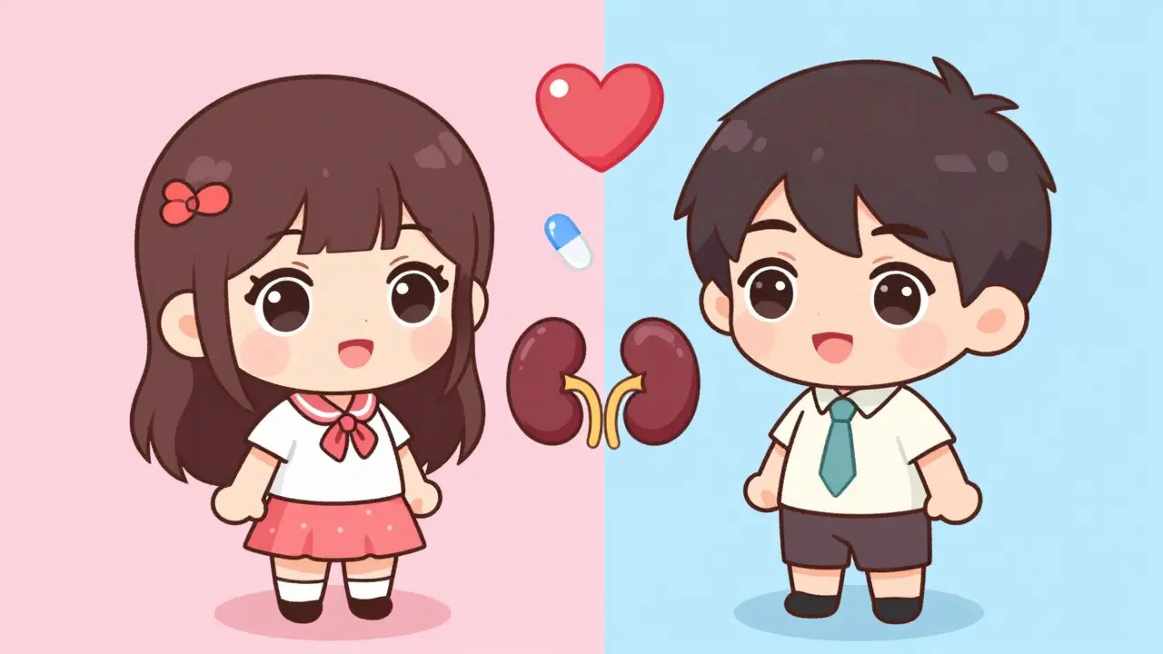Chibi male and female characters with floating icons representing biological drug absorption differences.
