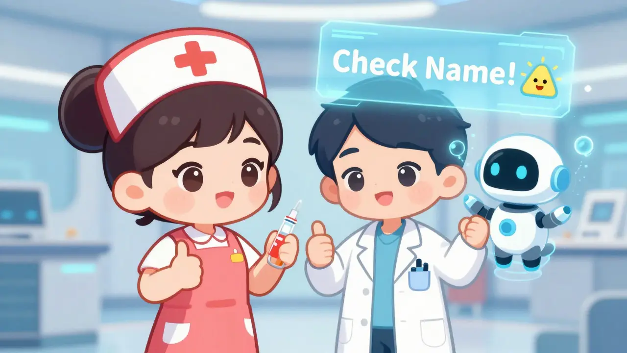 Chibi medical team and a small AI robot double-checking medication for safety.