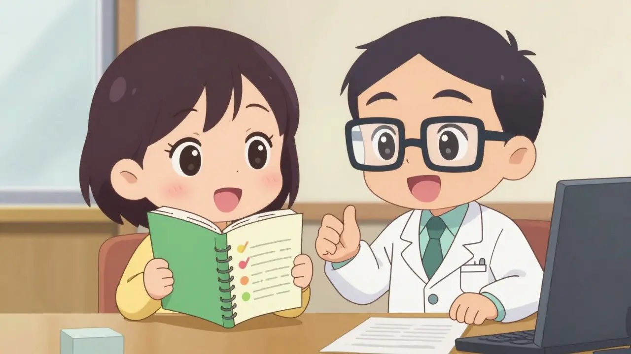 Chibi patient and doctor reviewing a symptom log together in a friendly office