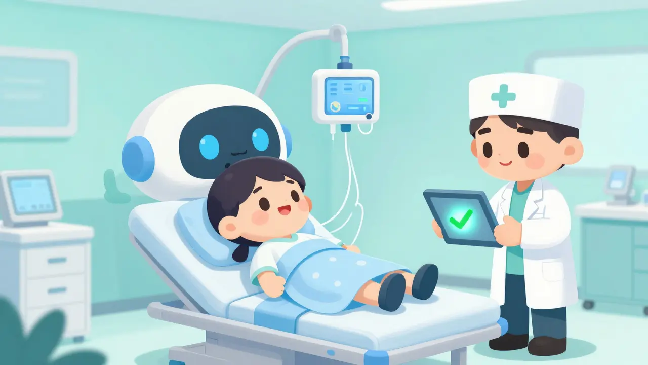 Chibi patient connected to a friendly robot dialysis machine with a pharmacist confirming a dose.