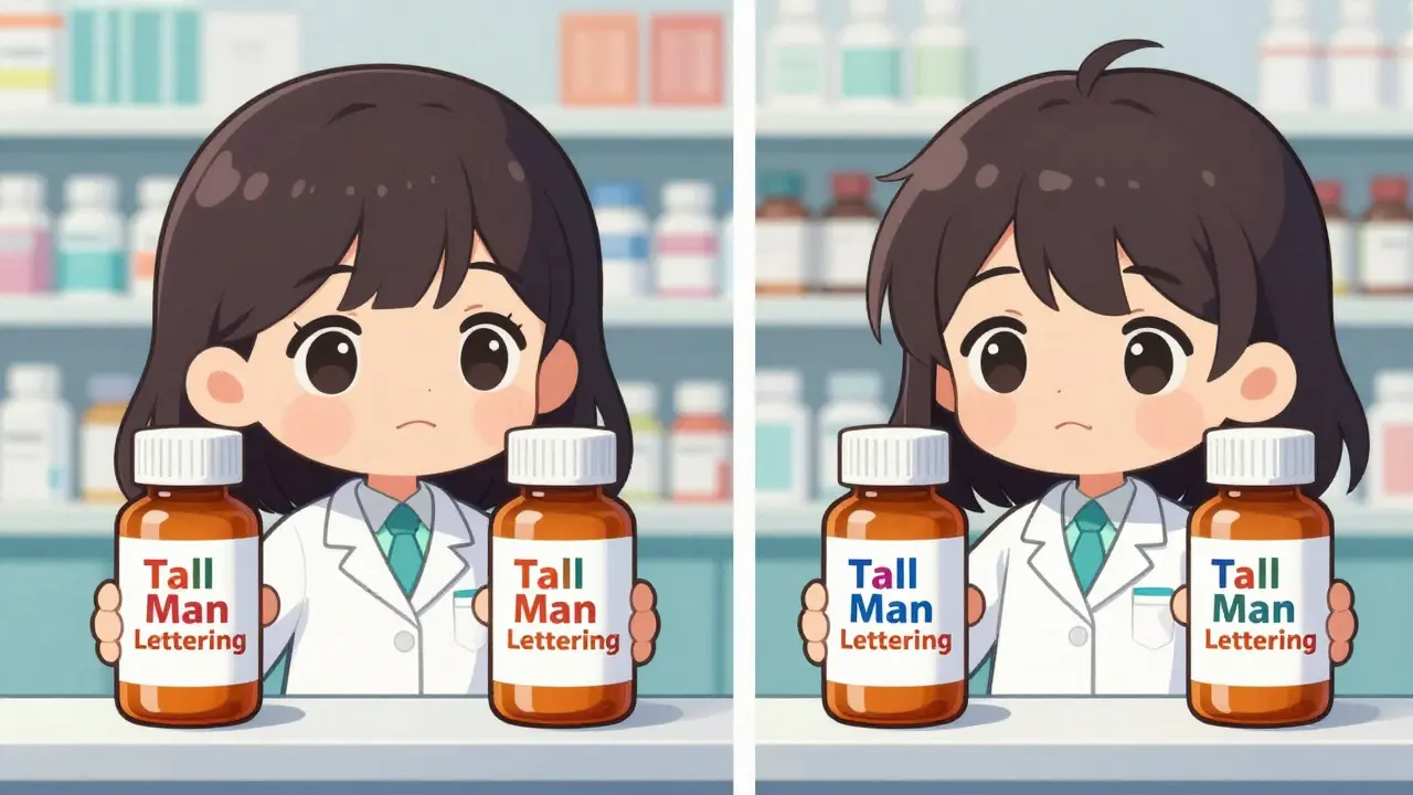Chibi pharmacist comparing two similar medicine bottles with Tall Man Lettering labels.