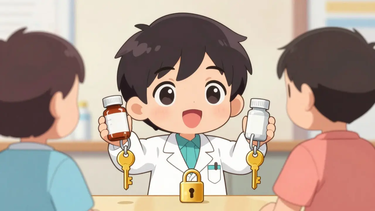 Chibi pharmacist showing that brand and generic drugs are identical using two golden keys.