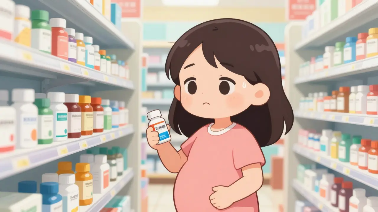 Chibi pregnant woman choosing heartburn medication in a pharmacy
