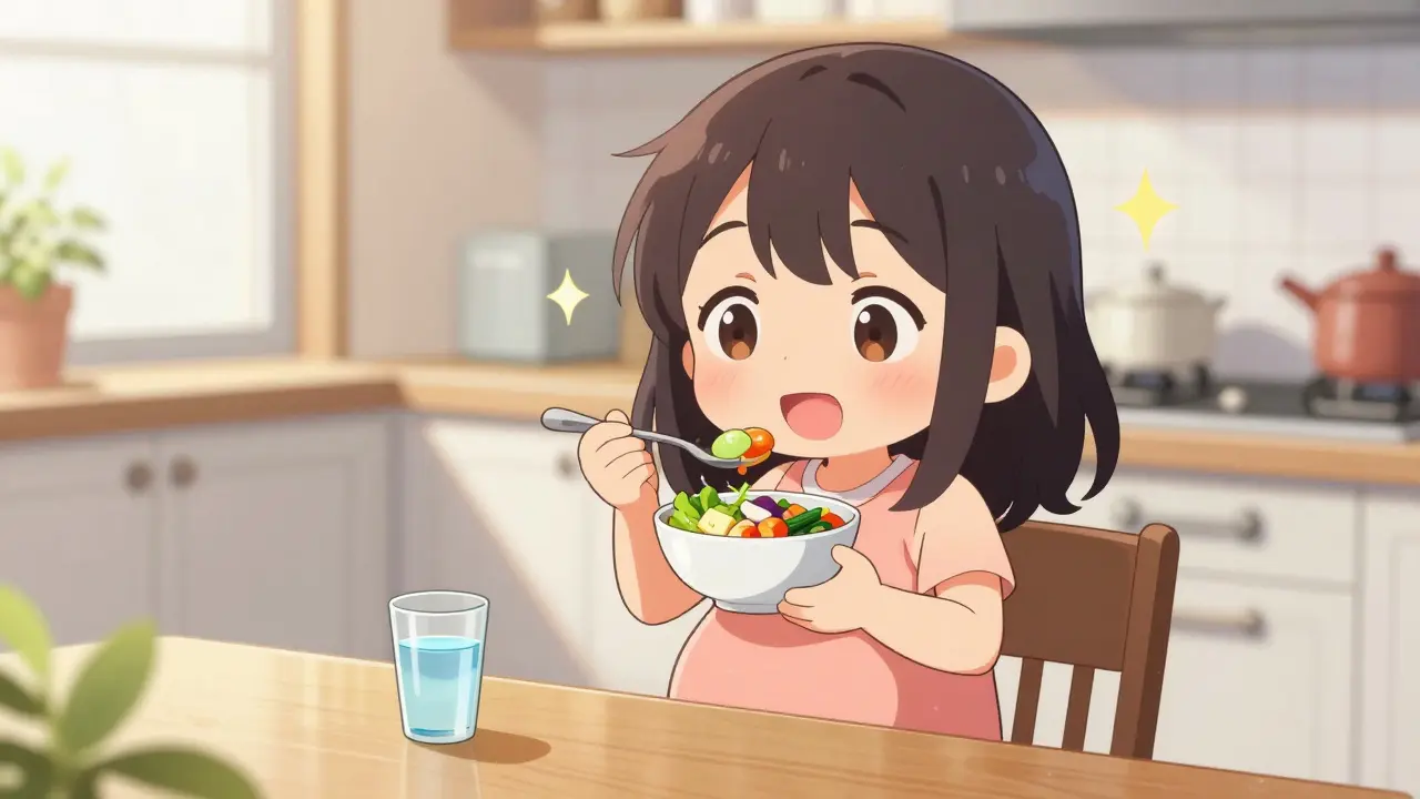 Chibi pregnant woman eating a small meal in a bright kitchen