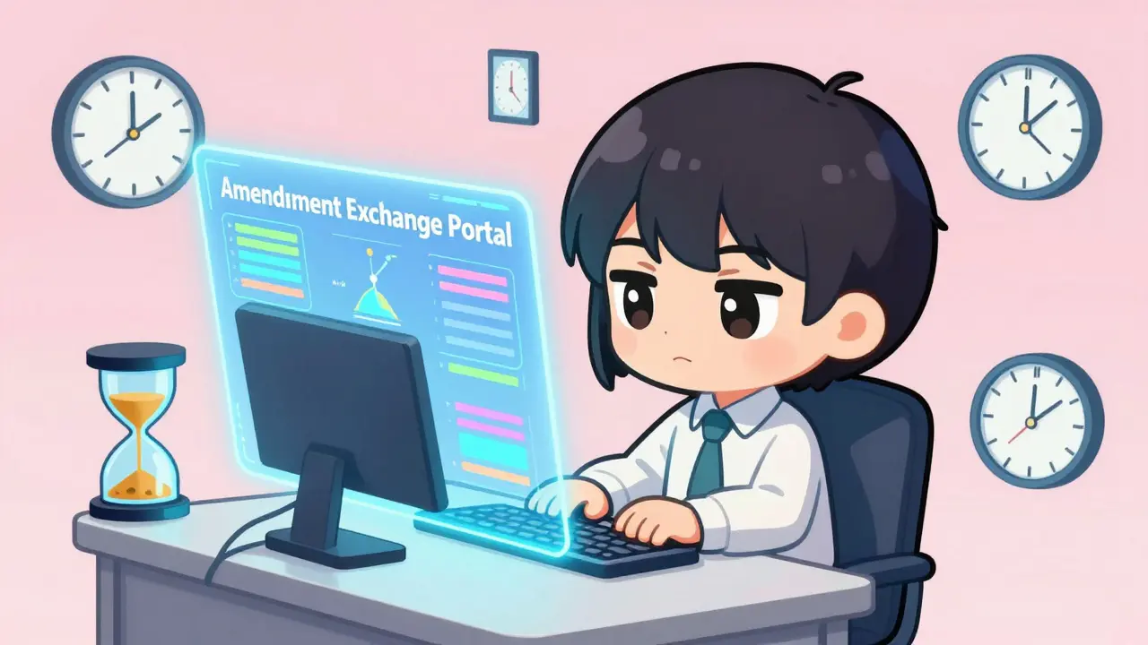 Chibi staffer using a holographic digital portal with floating clocks.