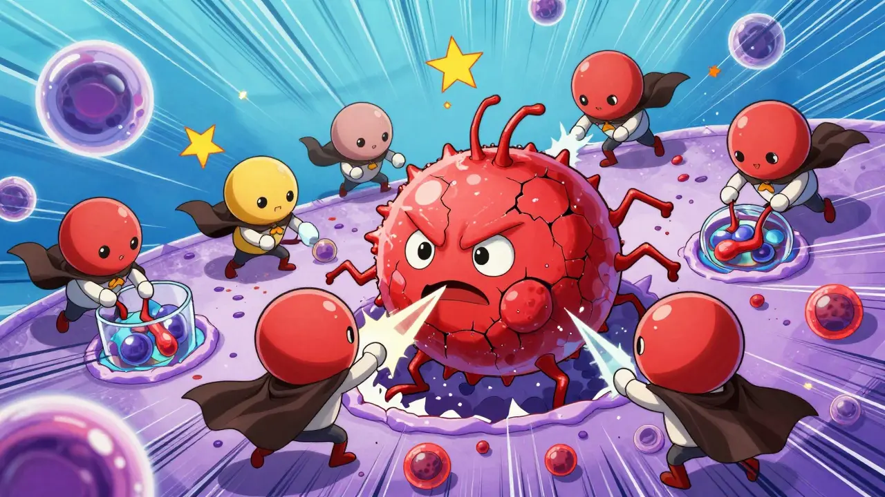 Cute antibiotic heroes punching a red bacteria cell