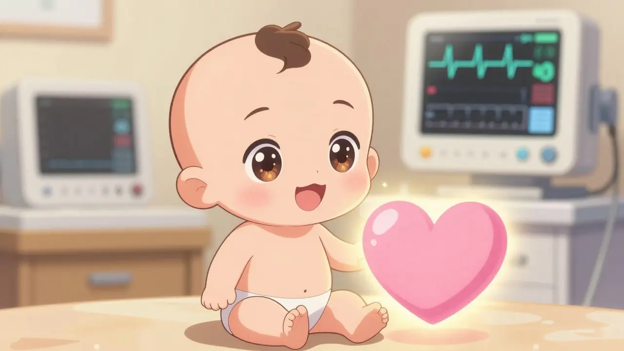 Cute chibi baby and a glowing heart symbolizing a healthy pregnancy.
