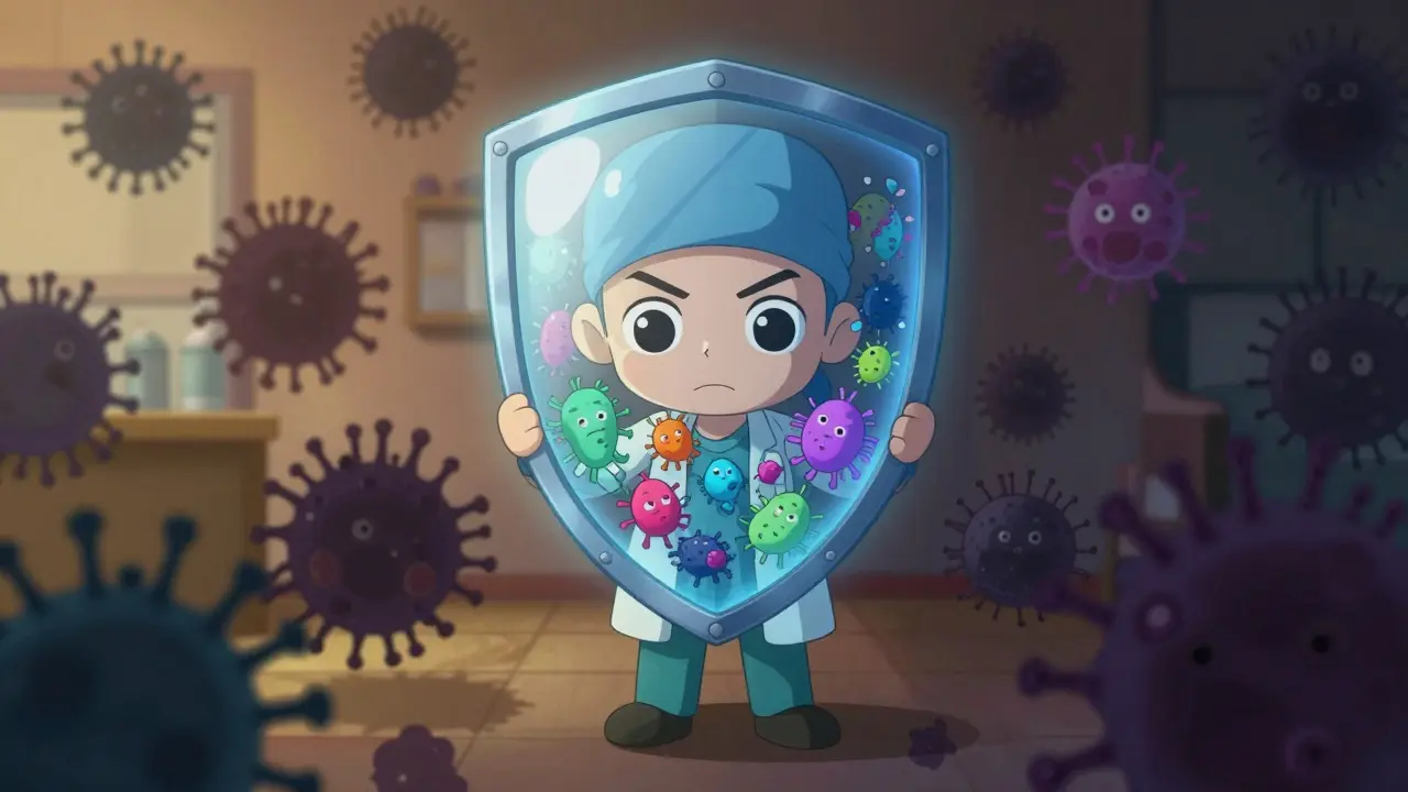 Shield blocking shadow bugs from healthy gut friends