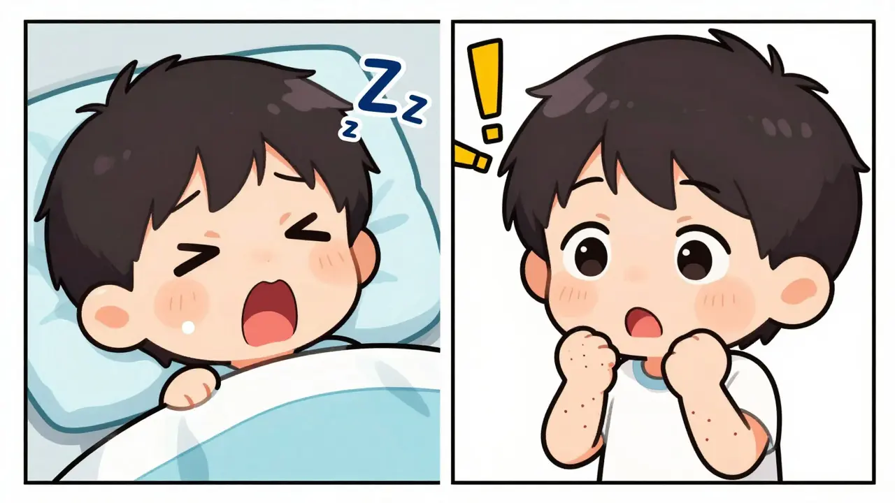 Split screen chibi illustration comparing a sleepy side effect and an allergic reaction