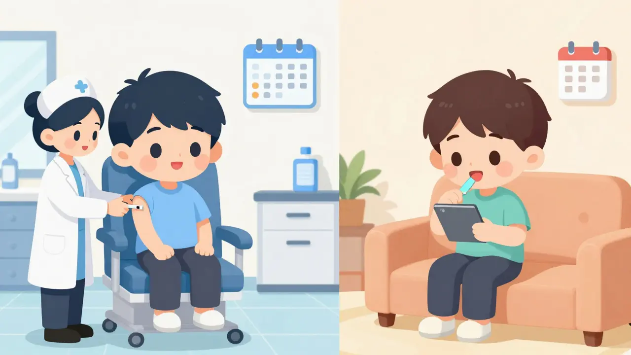 Chibi anime comparison of getting allergy shots at clinic vs taking tablets at home.