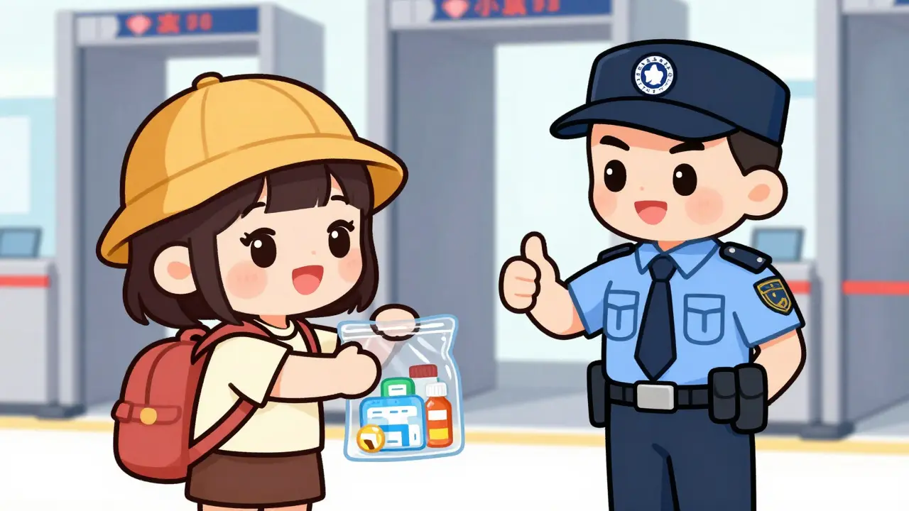 Chibi anime traveler declaring meds and ice pack to TSA officer