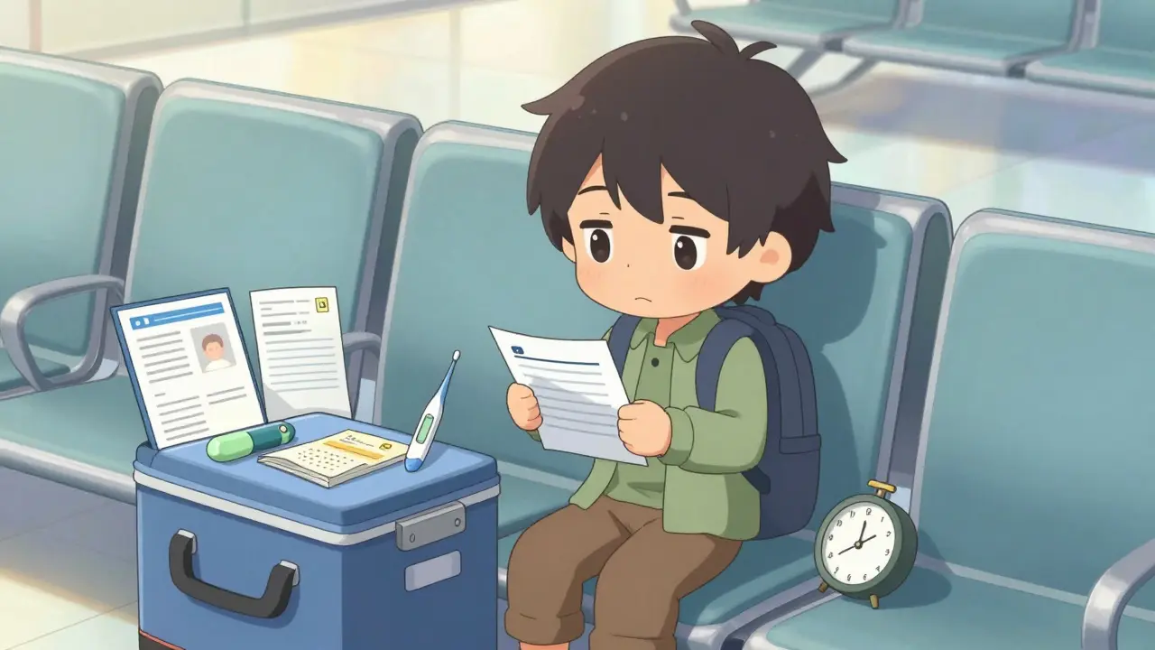 Chibi anime traveler with medical cooler and documents at gate