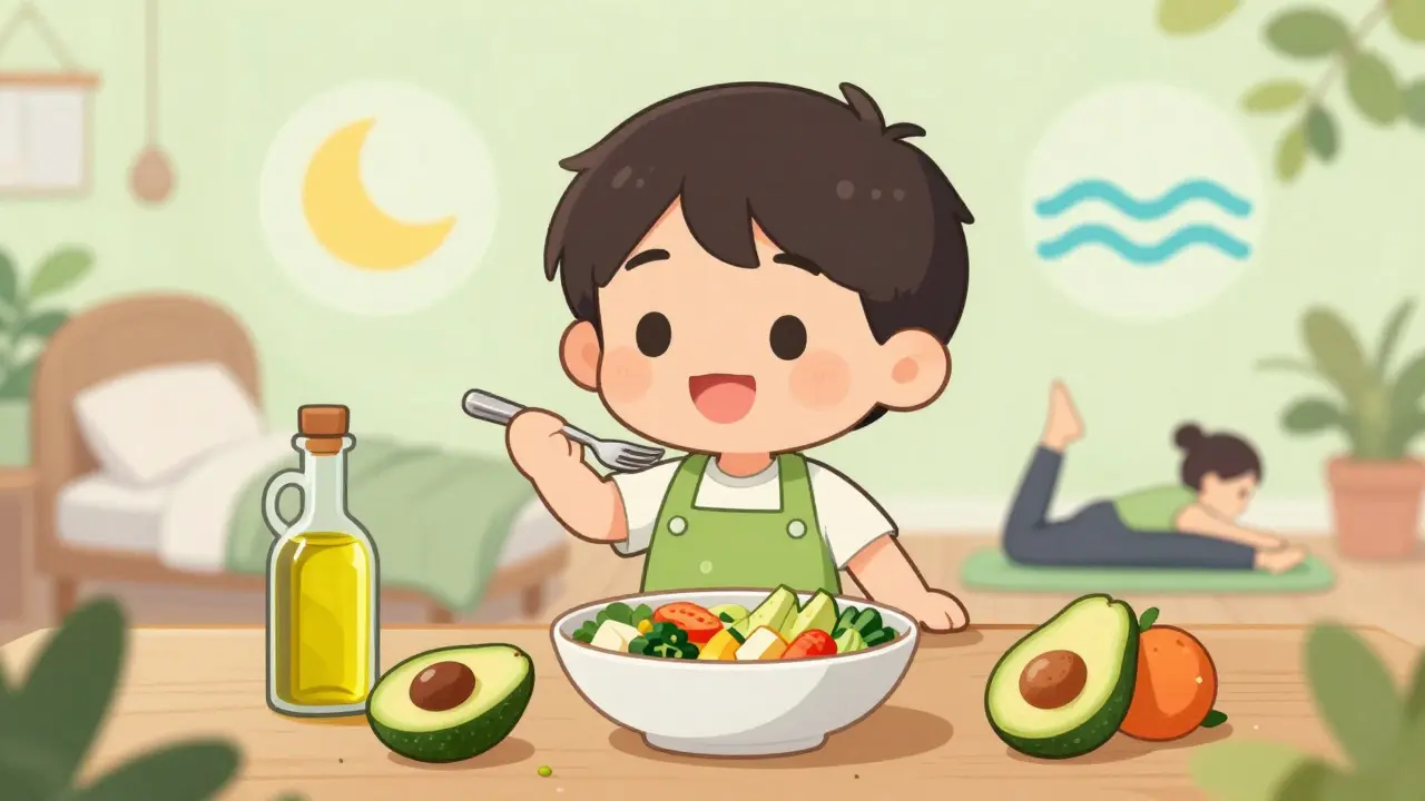Chibi character eating healthy food and doing gentle yoga