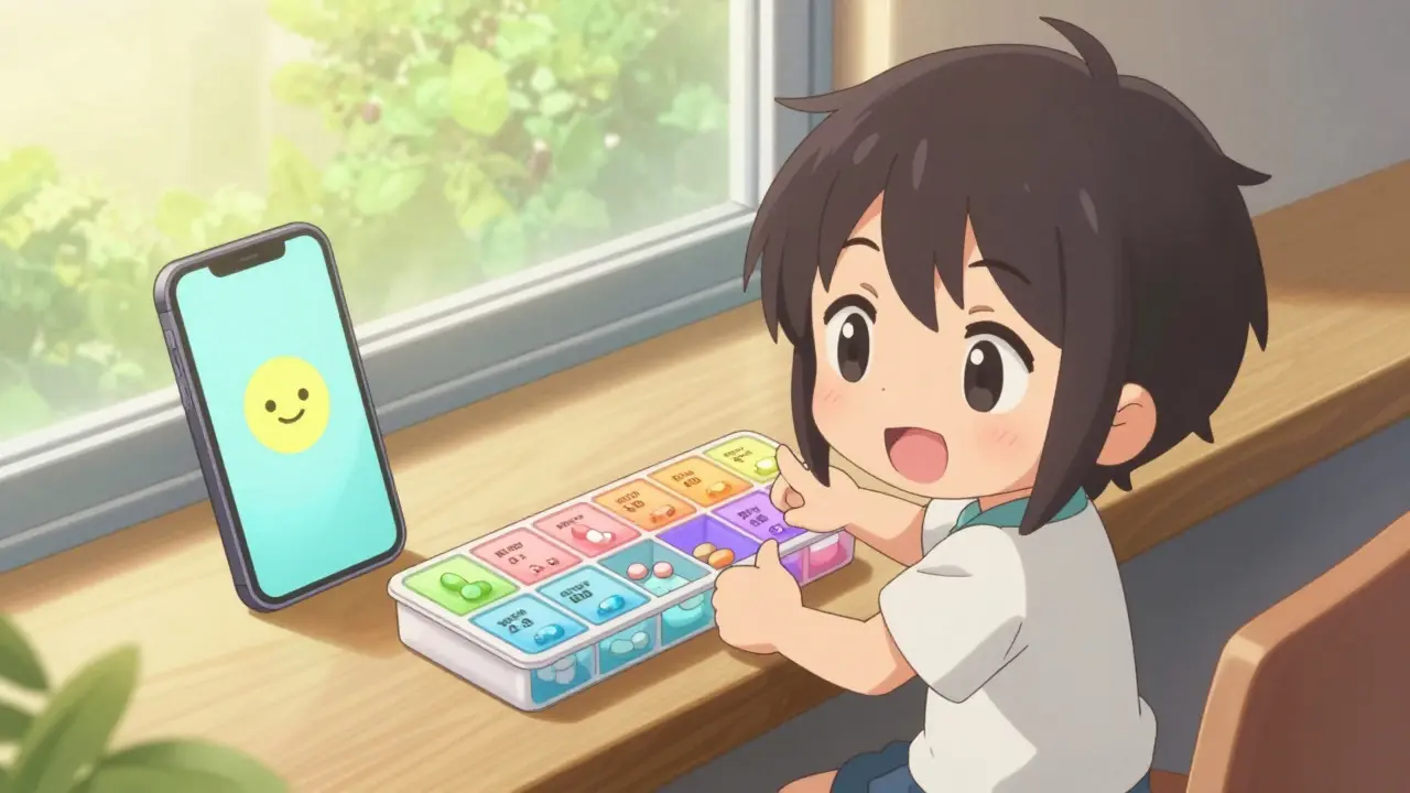 Chibi character using a pill organizer and phone alarm for routine