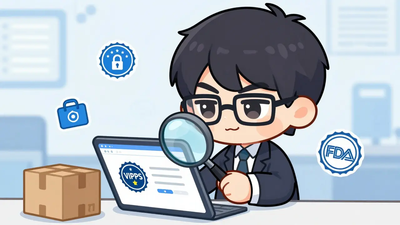 Chibi character verifying safe online pharmacy