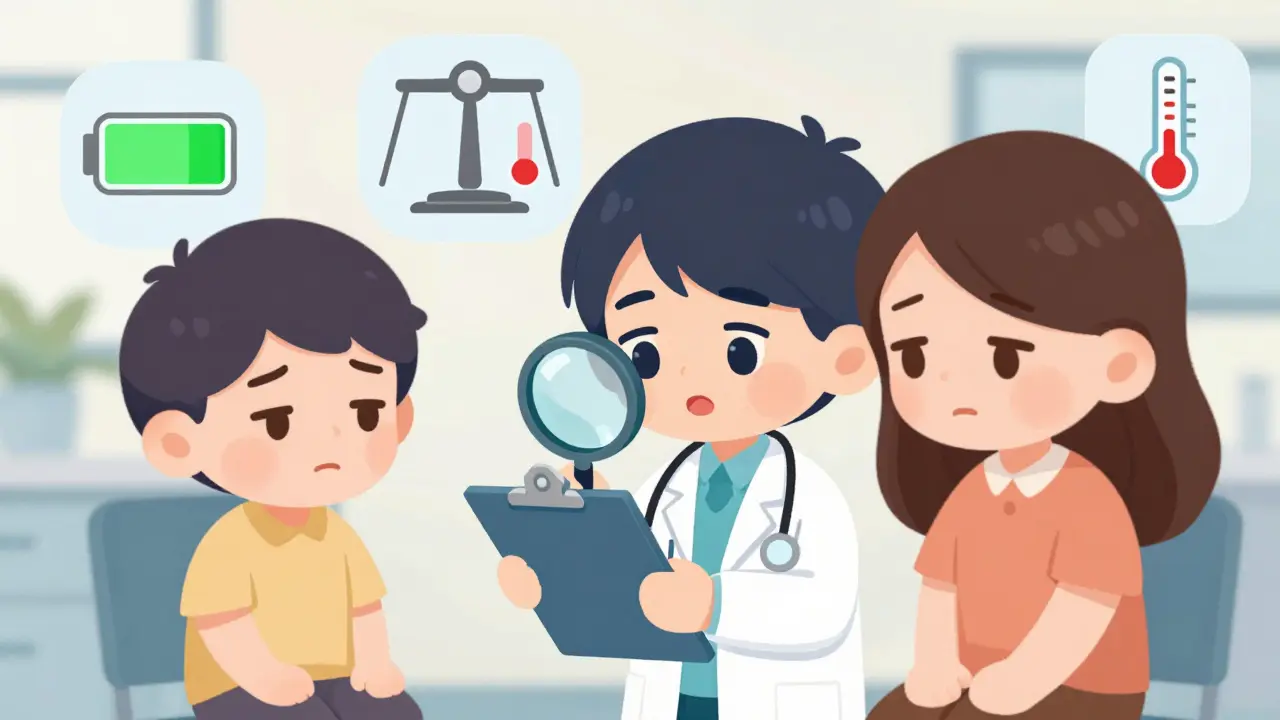 Chibi doctor examining symptoms like fatigue and weight changes