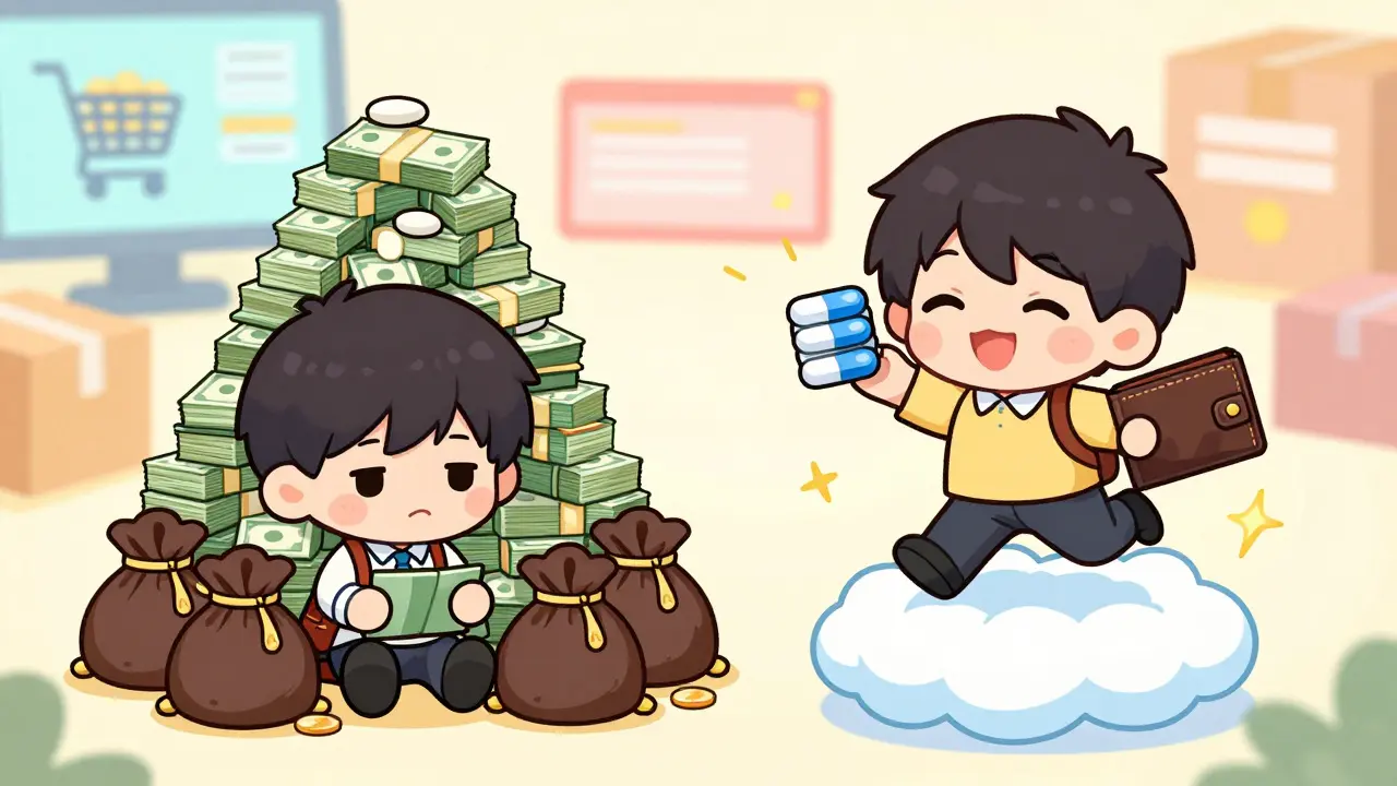Chibi illustration showing huge savings from switching to generic cholesterol medication.