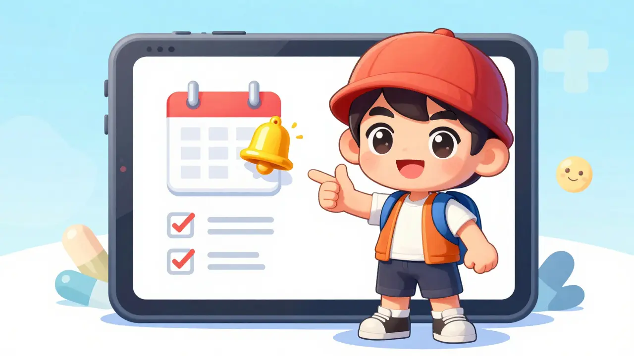 Chibi person using phone app to track medication refill reminders