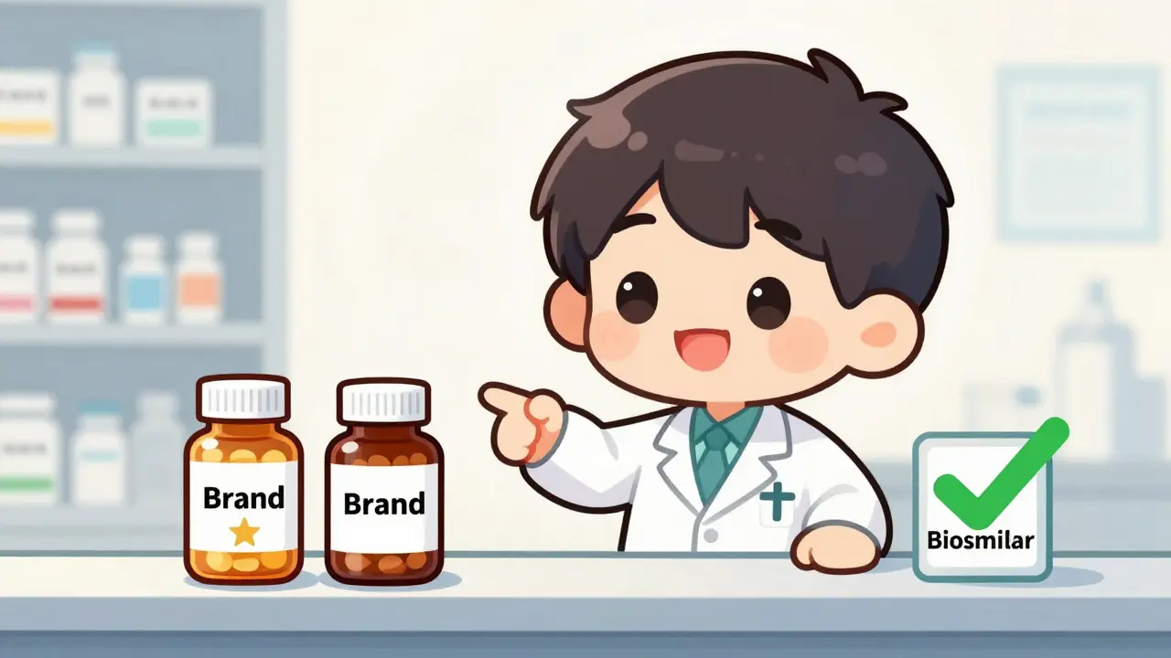 Chibi pharmacist explaining generic vs brand drug options