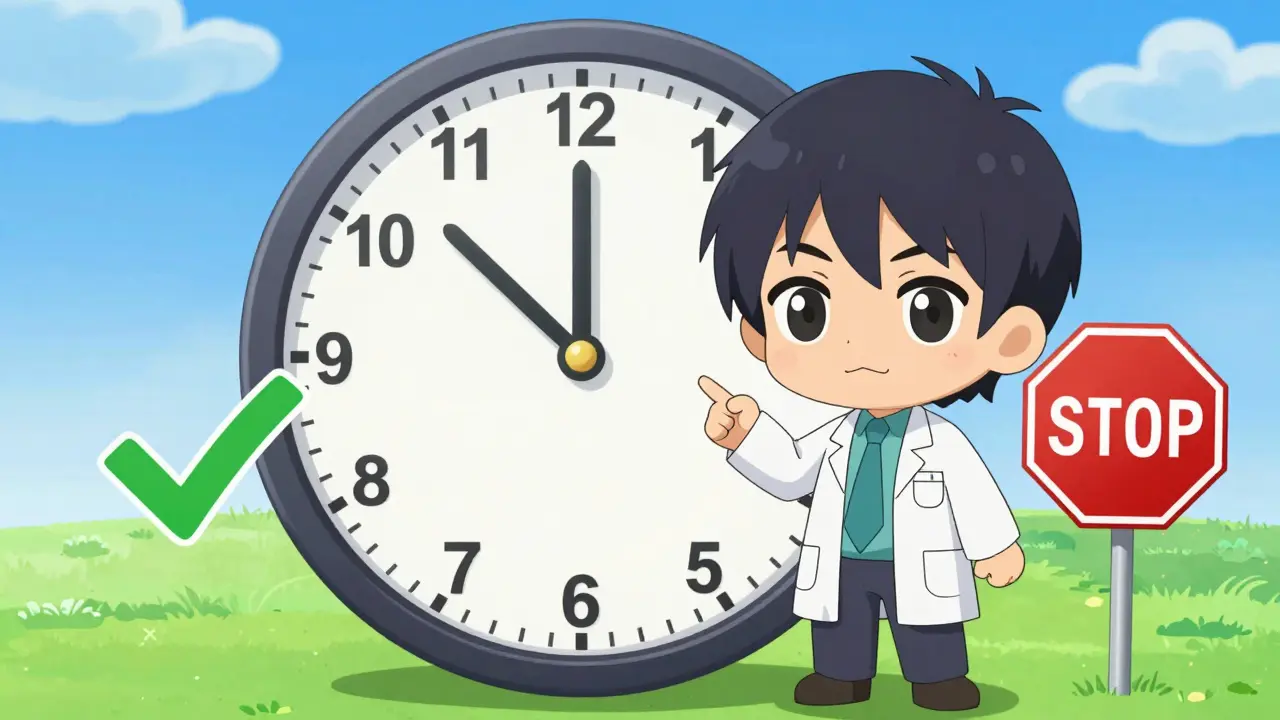 Chibi pharmacist explaining the midpoint rule with a clock diagram