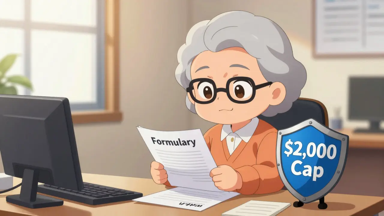 Chibi senior managing insurance forms with protective cap