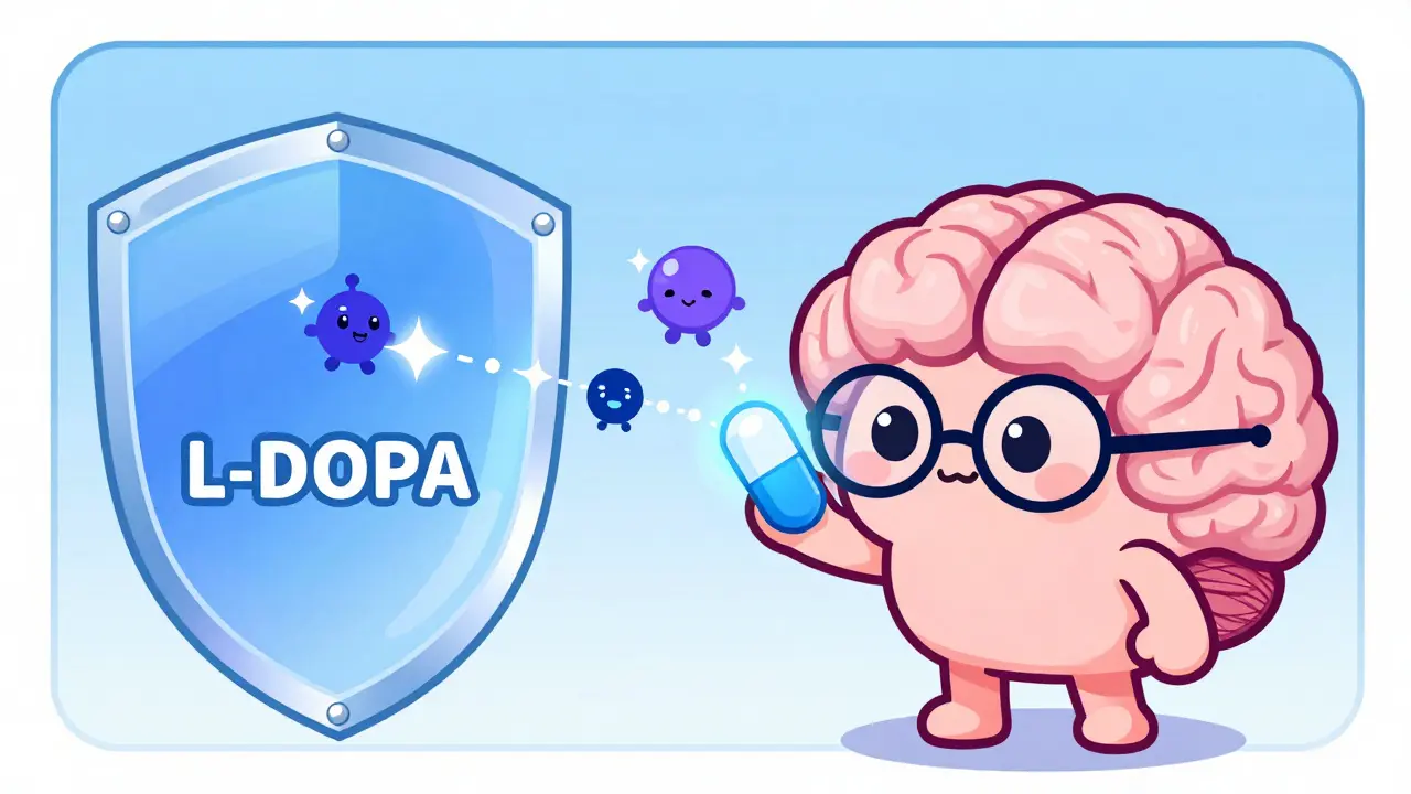 Cute brain character illustrating how L-DOPA crosses blood-brain barrier