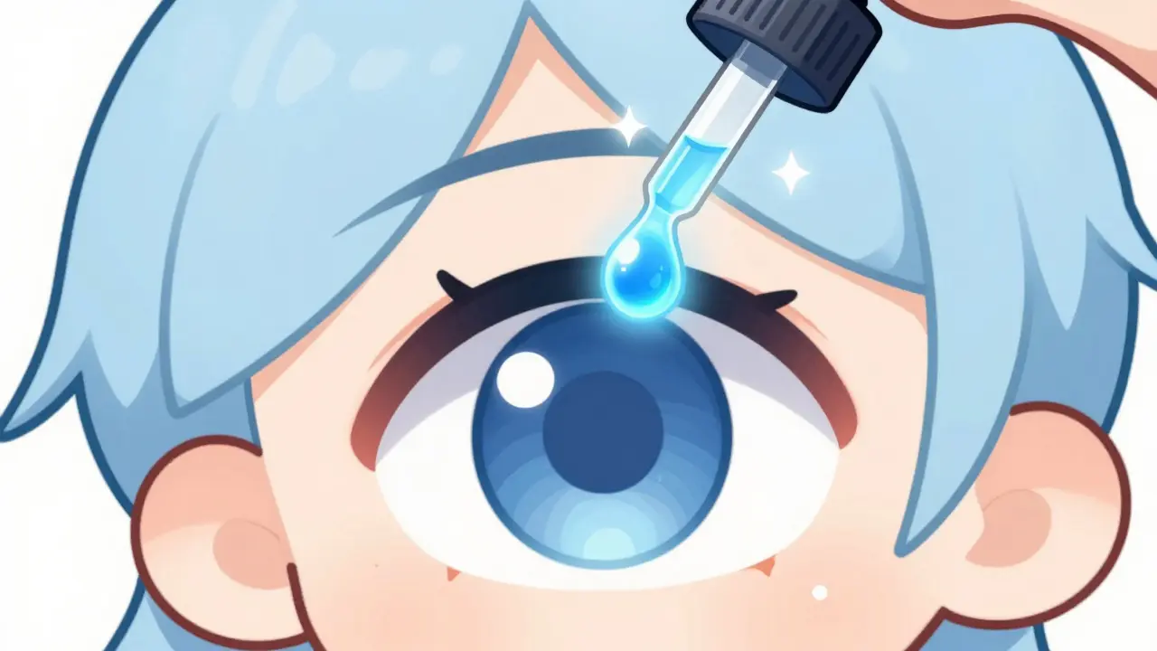 Cute chibi eye receiving a soothing antihistamine drop for allergy relief