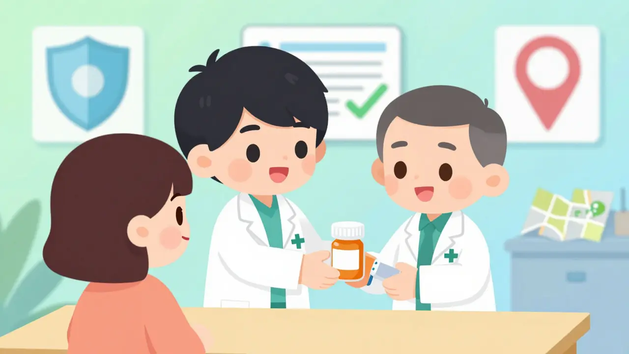 Cute chibi pharmacist handing out safe generic medication with trust symbols in background.