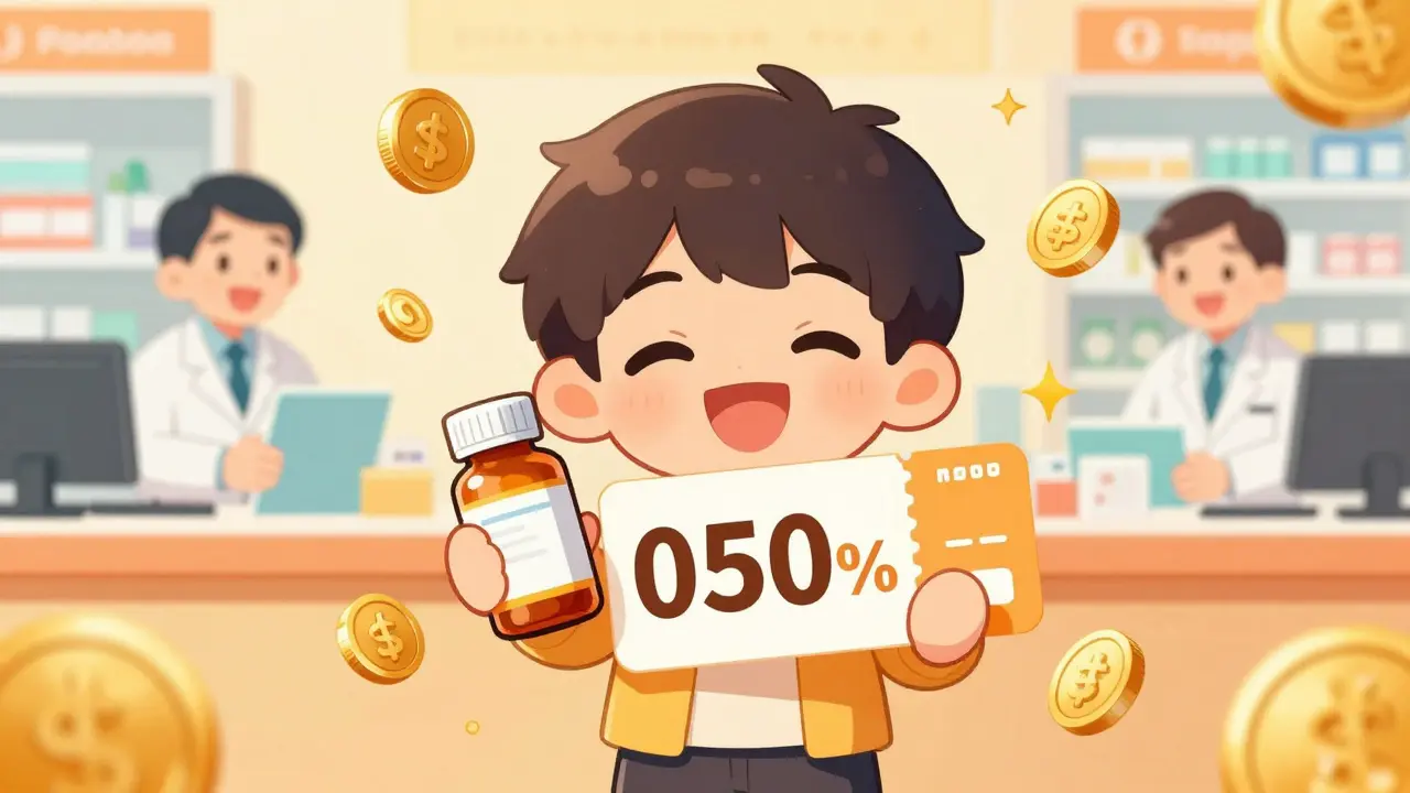 Excited chibi character saving money with legitimate coupons