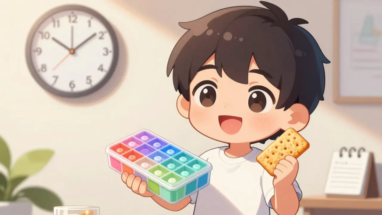 Happy chibi character organizing meds and snacks for Parkinson's care
