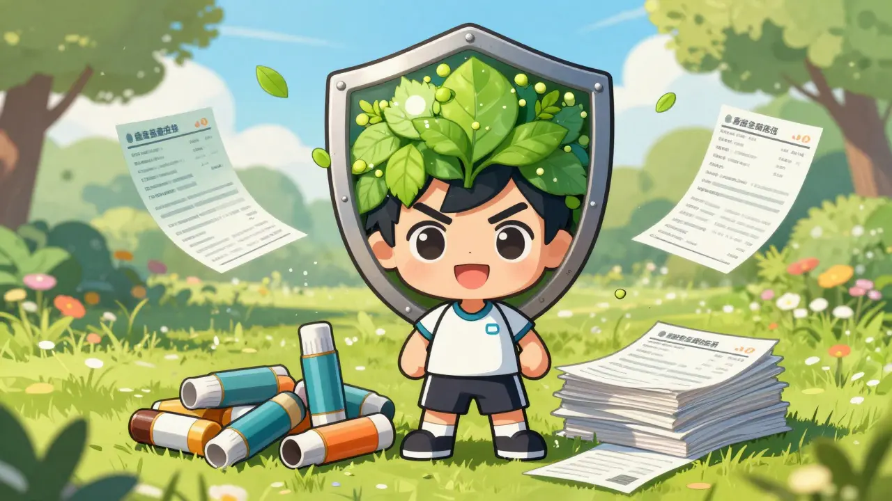 Happy chibi character protected by immunity shield, leaving inhalers behind.