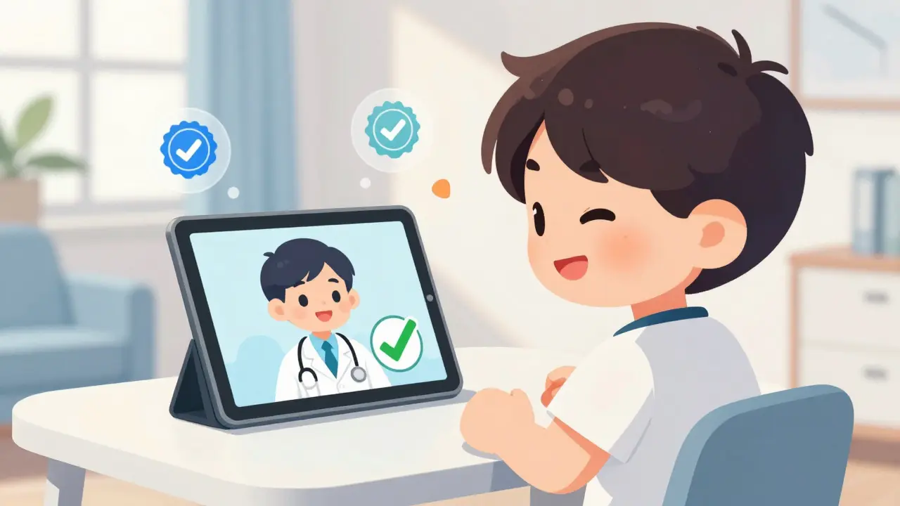Happy chibi character using safe telehealth for prescription