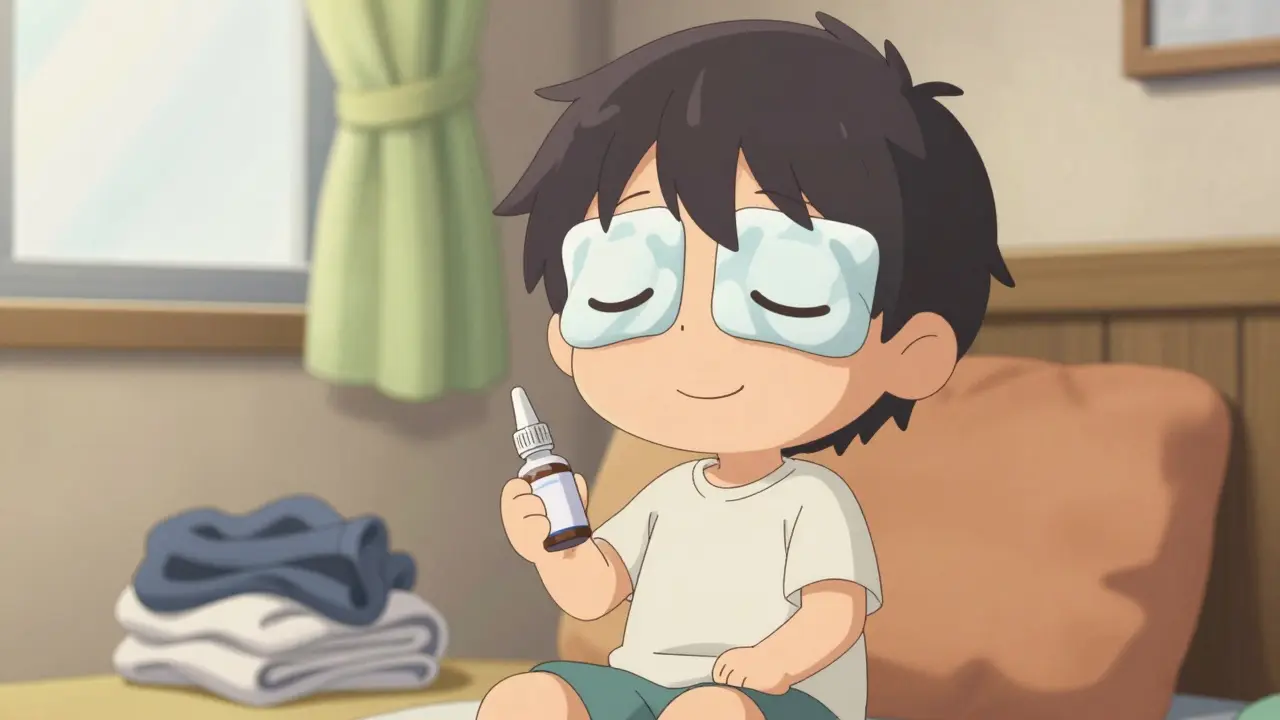 Relaxed chibi character using cold compresses and eye drops at home