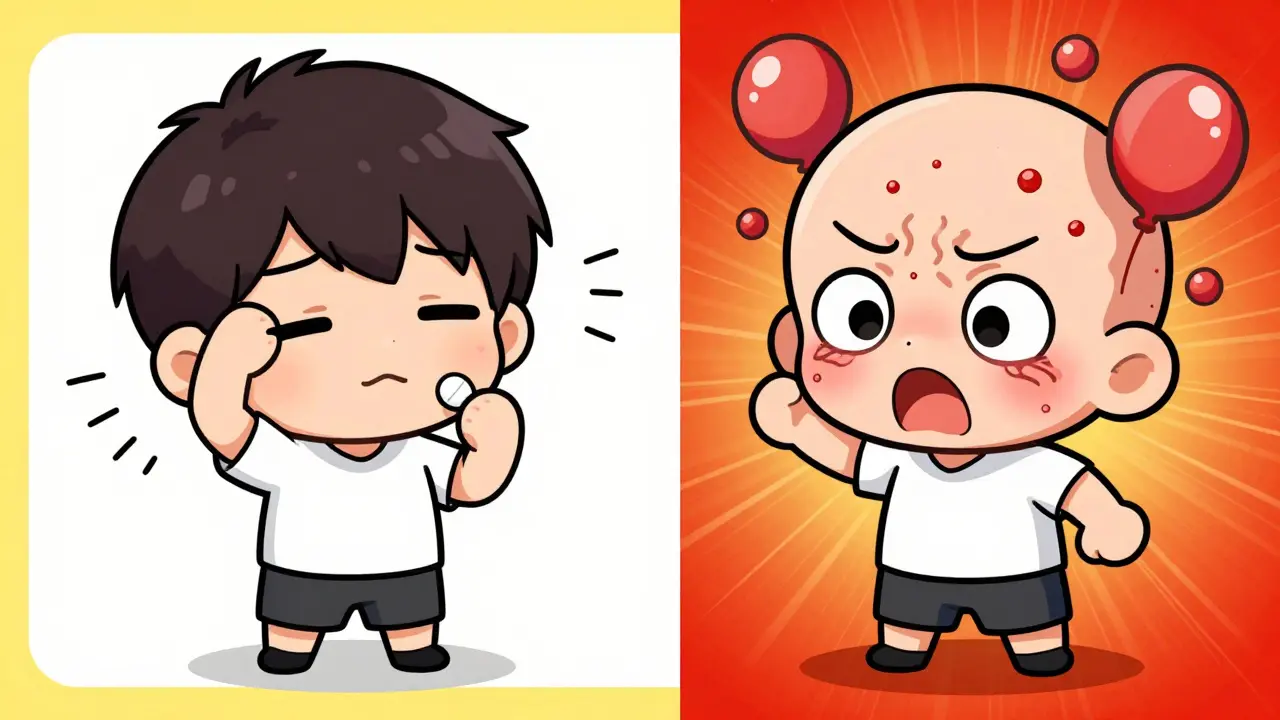 Split screen chibi art showing mild side effect vs severe allergic reaction