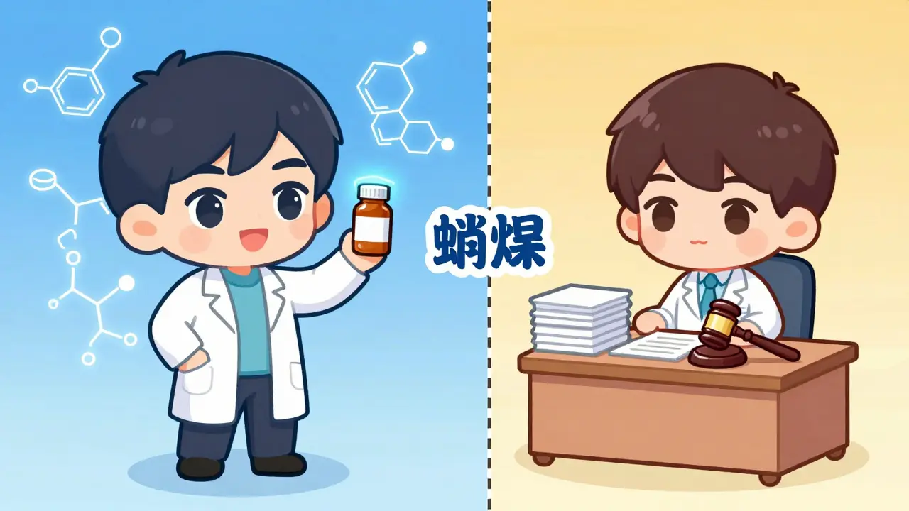 Split view showing science vs law for drug dates in chibi style