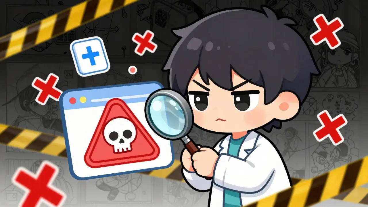 Chibi character using magnifying glass to spot fake pharmacy red flags.