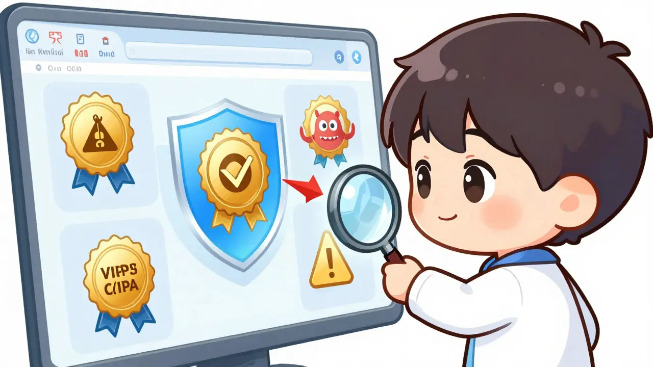 Chibi character verifying safe pharmacy with shield icons
