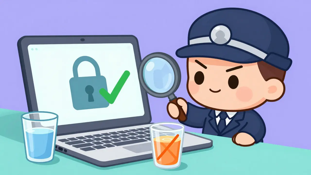 Chibi detective checking safe online pharmacy and water vs juice.