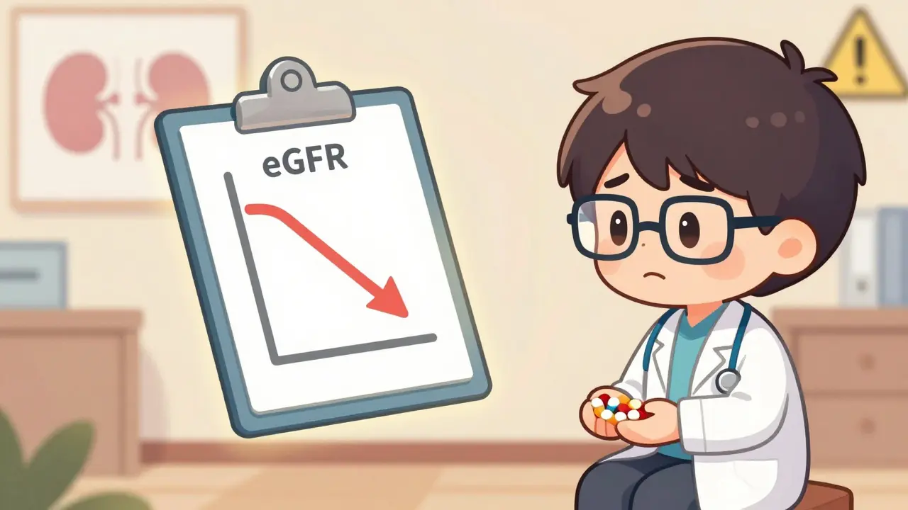 Chibi doctor explaining kidney health charts to a worried patient