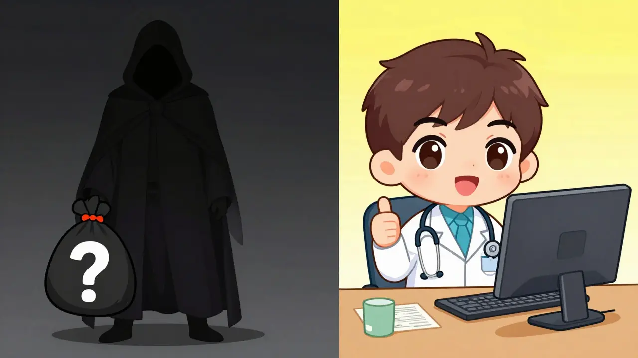 Chibi illustration comparing unsafe online pharmacies to safe telehealth doctors