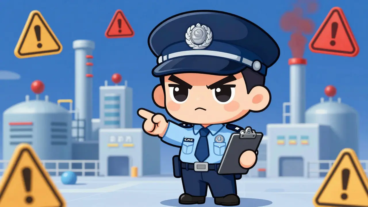 Chibi inspector pointing at violating drug manufacturing plant