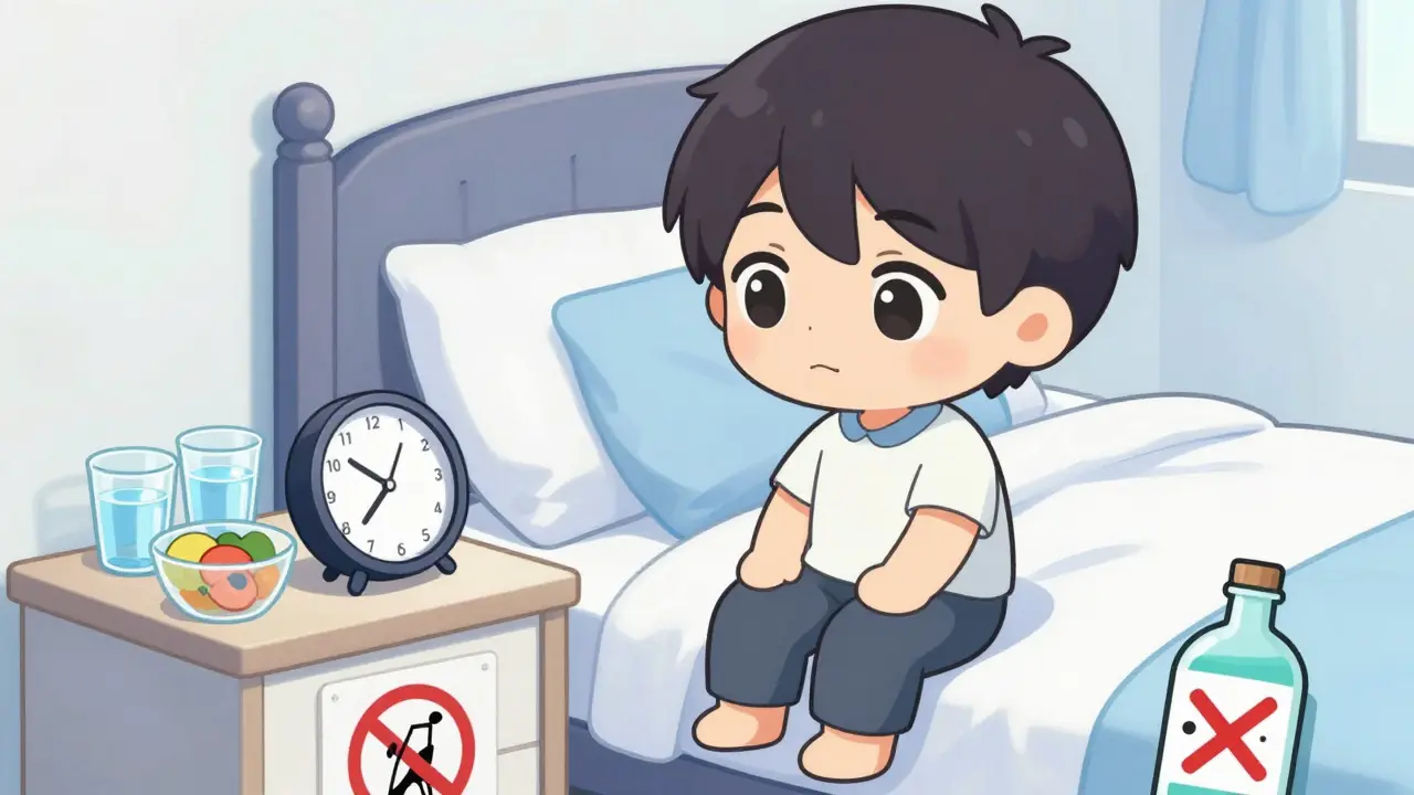 Chibi man sitting safely on bed edge waiting