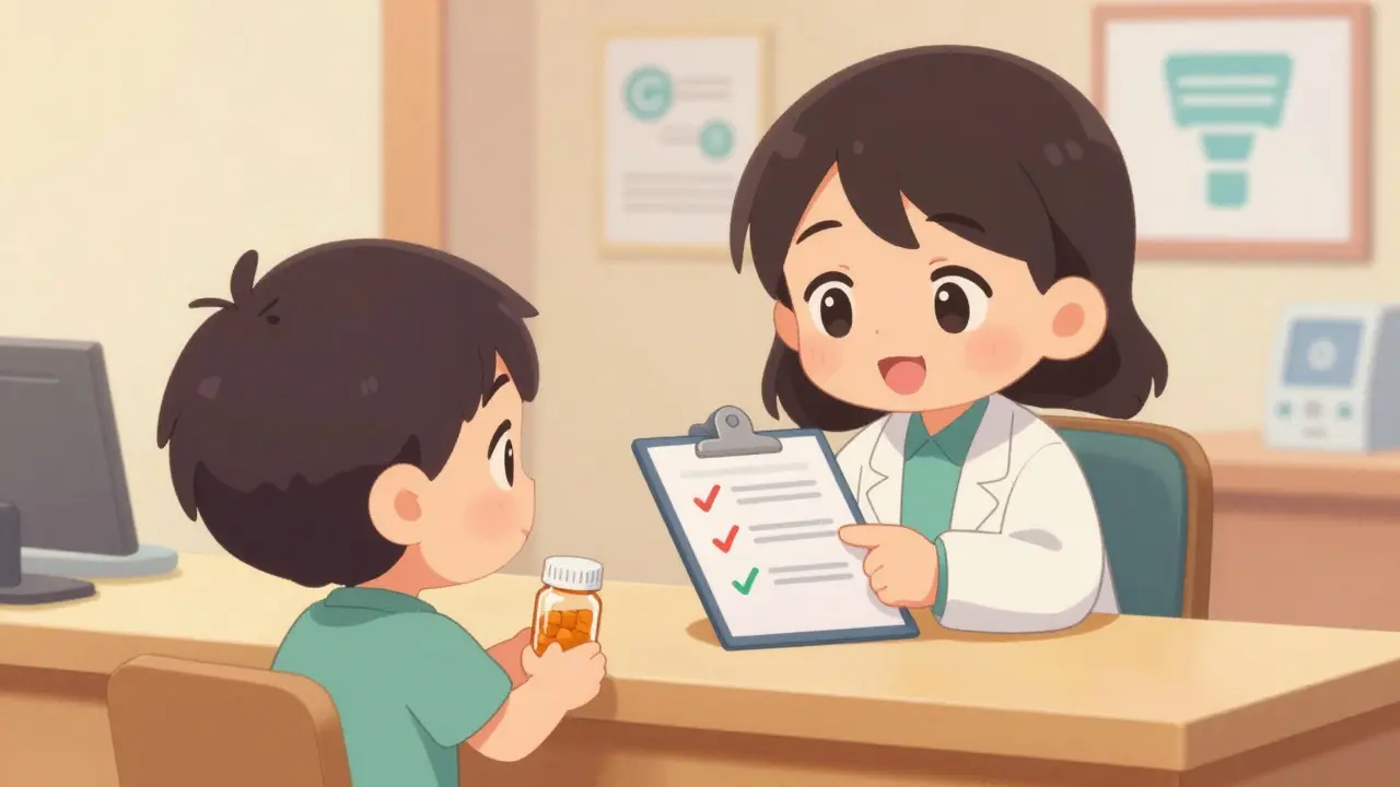 Chibi patient and pharmacist discussing medication safety options