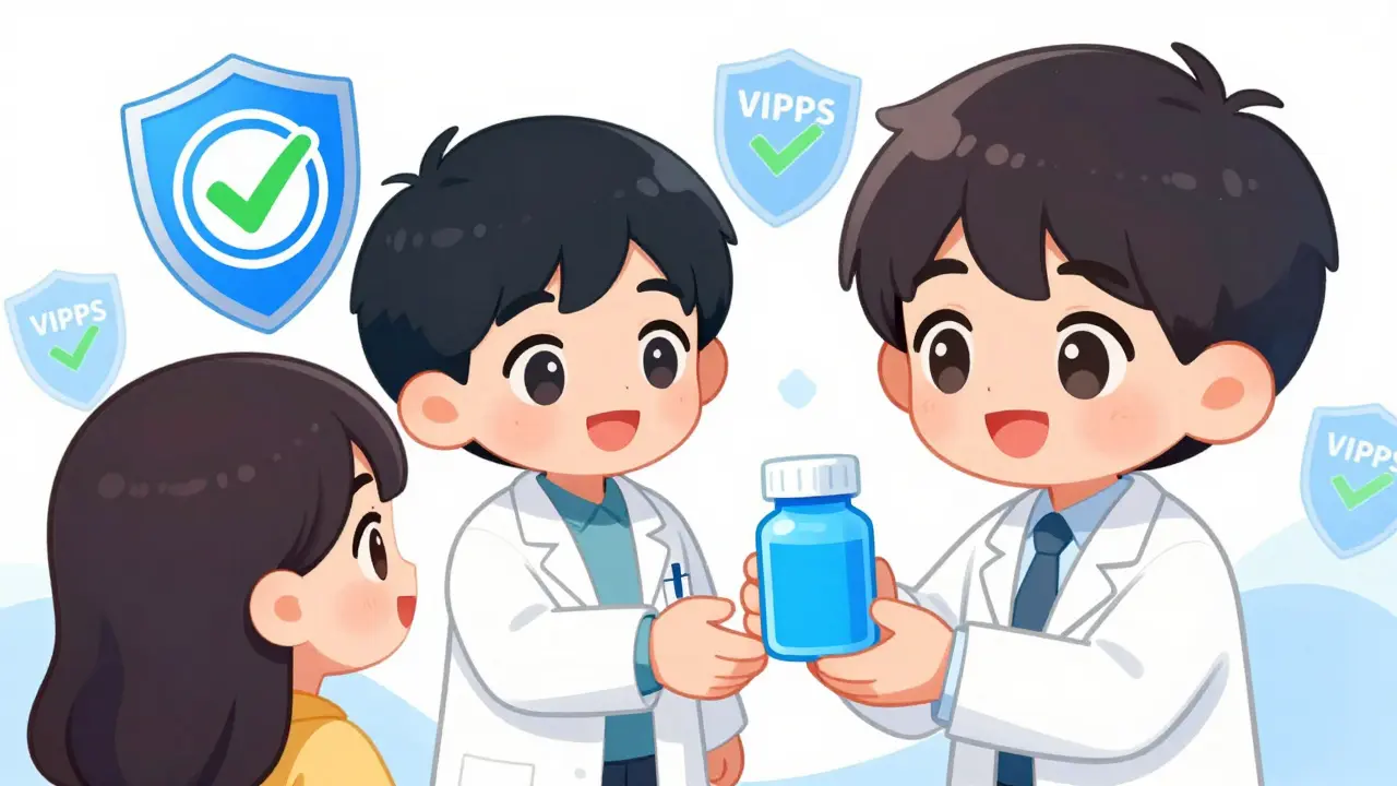 Chibi pharmacist safely delivering verified prescription medicine to a patient.