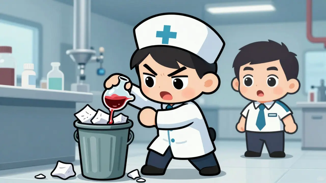 Chibi worker destroying documents in trash can inside pharmacy factory