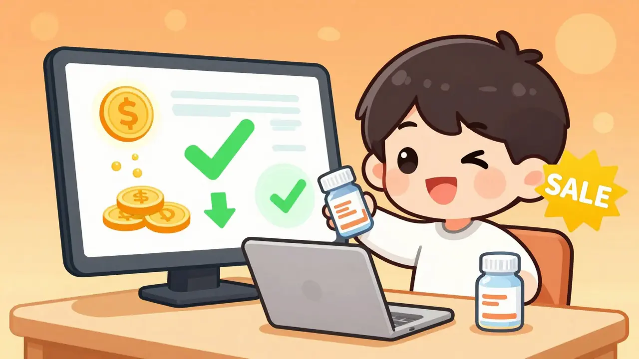 Cute chibi character happily finding cheap meds online