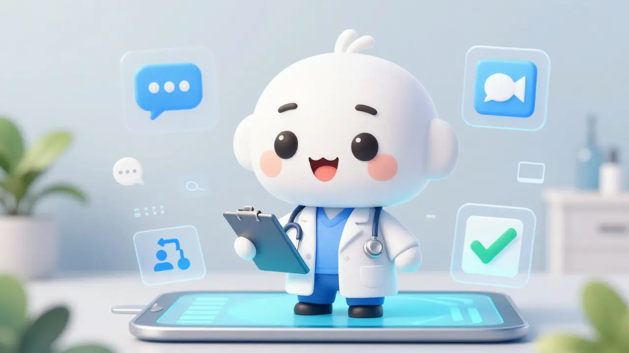 Cute chibi doctor on a tablet screen offering telehealth consultation