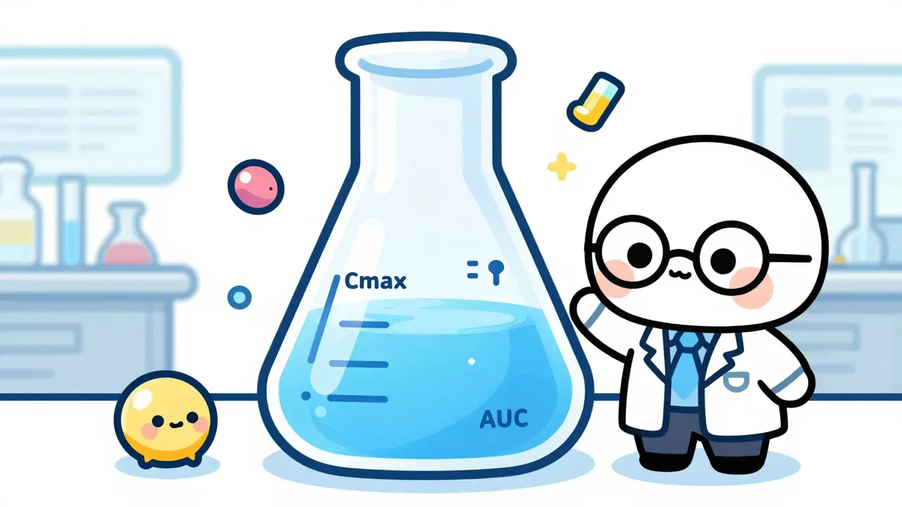 Cute chibi scientist explaining bioequivalence with glowing beakers